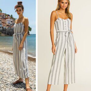 NWT Rails Harper Striped Laguna Linen-Blend Jumpsuit Blue White Size L Beach